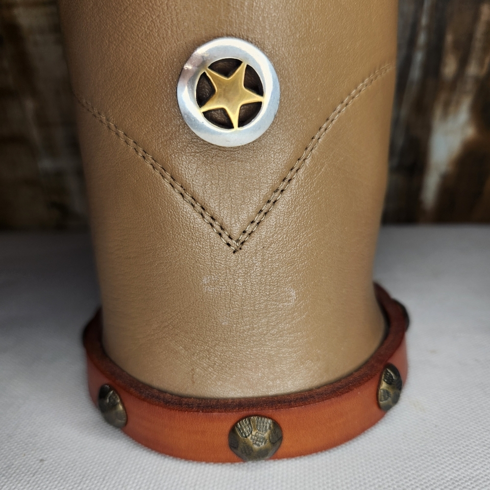 Vtg Leather Boot Cowhide Concho Western Beer Can Bottle Holder Koozie Set Pair - Picture 9 of 16